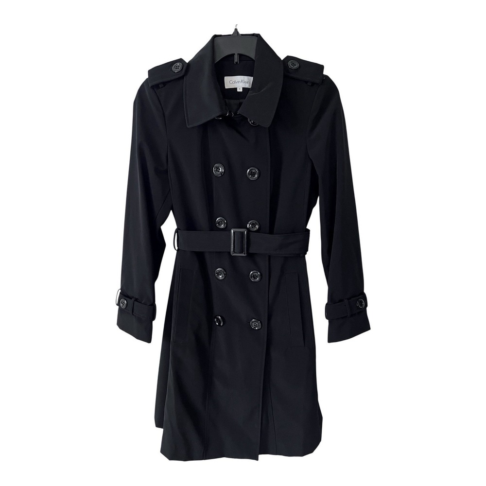 CALVIN‎ KLEIN Black Trench Coat Double Breasted Belted Jacket Women's Medium